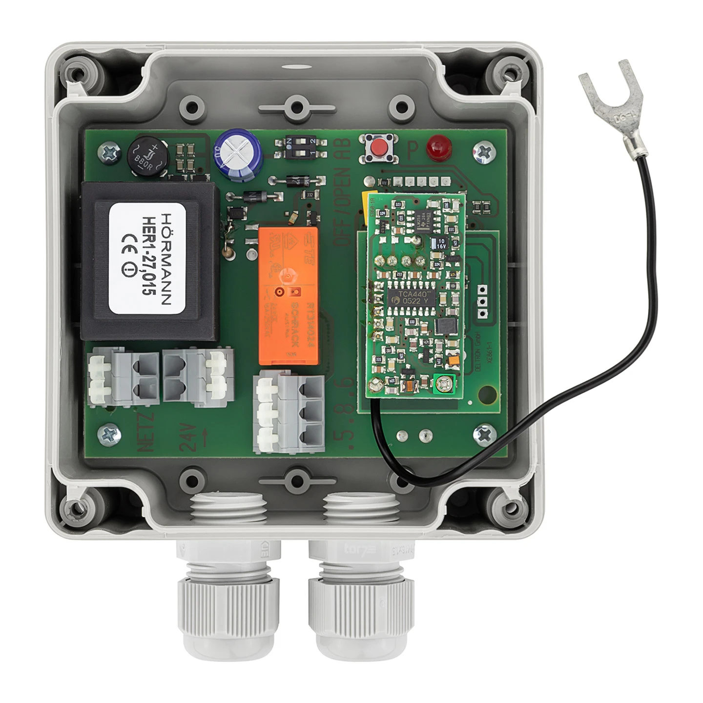 Hörmann 1-Kanal-Relais-Empfänger HER 1, 27,015 MHz Hörmann 1-Kanal-Relais-Empfänger HER 1, 27,015 MHz -Türzubehör Geschäft 437262 hoermann 1 kanal relais empfaenger her 1 27 015 mhz platine draufsicht